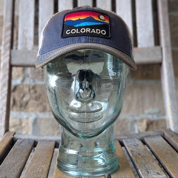 NWOT Legacy Colorado Mountain Sunrise Sunset Patch Trucker Hat Unisex Blue Tan - Picture 9 of 9